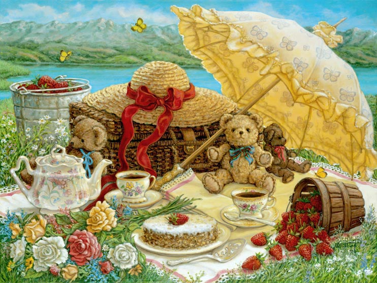 A Beary Nice Picnic, a sumptuous lakeside repast, including flowers and strawberries, set for two little brown teddy bears, one of the Janet Kruskamp Teddy Bear Gallery of original paintings hand by Janet Kruskamp