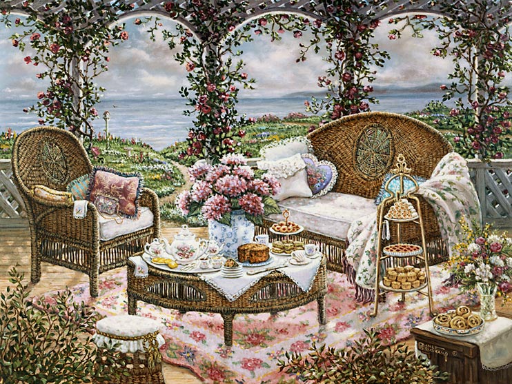 Janet Kruskamp's Paintings - Afternoon Tea, a painting of a lovely outdoor formal afternoon tea on the carpeted ground, the flowered posts holding a canopy framing the sweep of the coastline in the background. The tea is set with all the cakes and biscuits on china, placed on wonderful wicker furniture that have pillows and comforter at the ready. One of the Gardens and Florals Gallery of Original Oil Paintings and  original paintings by Janet Kruskamp