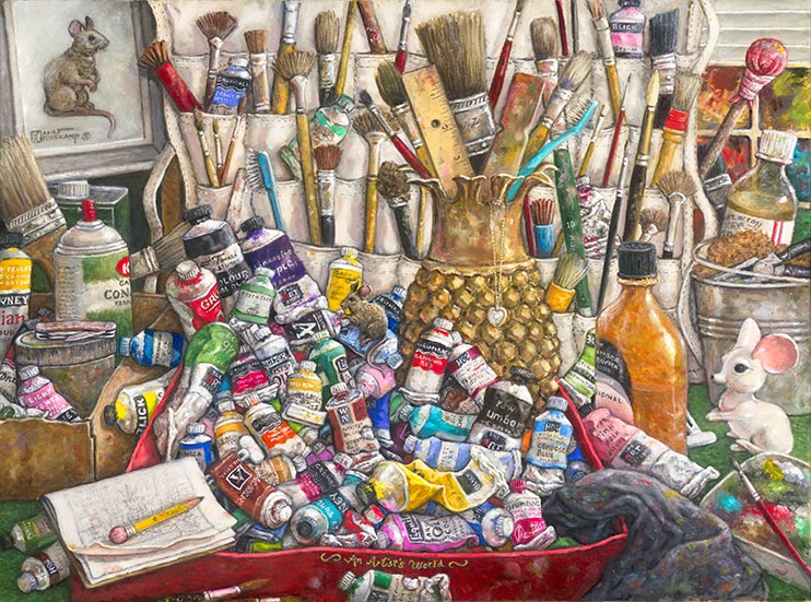 This painting reflects the professional artist's world, overflowing with paint tubes and paint brushes of every conceivable hue, size and shape. The variety of colors on the used paint tubes cover the spectrum - blues, reds, greens, orange, yellow, purple and many more. Bottles of lacquer and thinner are in the mix, along with a model of her trademark mouse that appears in almost all of her paintings. A stylized metal pineapple holds a ruler and an assortment of brushes. A white cloth hanging shoe holder holds more brushes and and occasional paint tube. An incredibly detailed painting by painter Janet Kruskamp.
