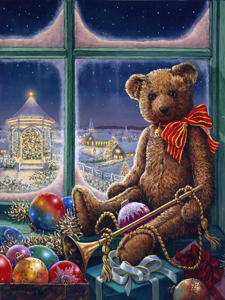 Bentley Bear Celebrates Christmas, and new holiday painting from Janet Kruskamp. Bentley Bear, wearing a bright red with gold lines ribbon tied around his neck, sits on the window sill in front of a frosty winter window. Surrounded by toys, presents and ornaments, Bentley holds a long brass horn down his near side. The night landscape through the window is brightly lit with holiday lights, the gazebo outside is glowing with light, illuminating a broad Christmas tree that fills the gazebo. Even the buildings in the distance glow with a soft light. One of Janet Kruskamp's new holiday paintings available directly from the artist, Janet Kruskamp.