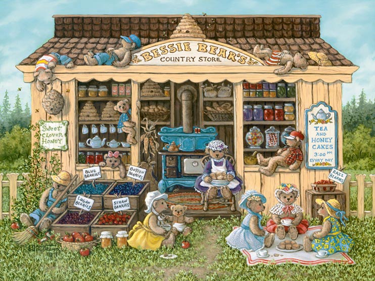 Bessie Bears Country Store, a painting of a store with over a dozen teddy bears sleeping, having a tea party or just sitting, one of the Janet Kruskamp Teddy Bear Gallery of  original paintings by Janet Kruskamp