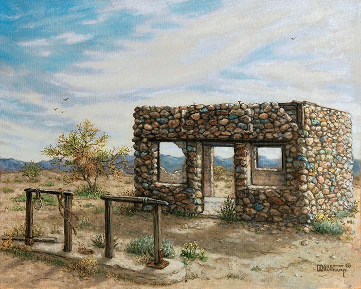 Beyond Hope, Arizona, an original oil painting by Janet Kruskamp is a landscape of the Southwestern desert showing an old roofless building made of a colored stone facade, offering an view straight through to the mountains in the distance. Two hitching posts stand out front as a mute reminder of days of horse travel. A few dry trees break up the view to the distant mountains and high thin clouds paint the cyan sky a wispy white.
