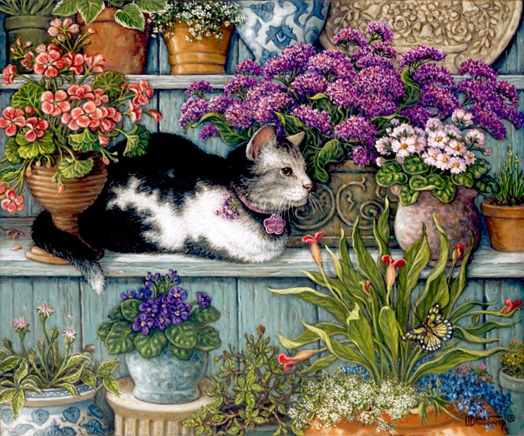 Pansy sleeping in the Sun, a painting by Janet Kruskamp of a fluffy brown cat sleeping among the potted flowers on top of the potted pansies, part of the Cat Paintings Gallery of Original Oils and  original paintings, by Janet Kruskamp.