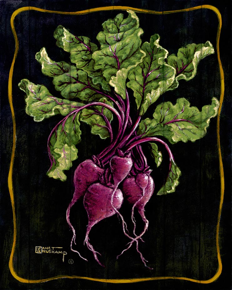 Ms. Kruskamp uses an assortment of purples to make these beets look fresh from the garden. The purple color of the beets spreads into the green leaves helping the bouquet fill the enhanced canvas. The antique background and border make Janet Kruskamp’s painting original and beautiful. All have been by the author. 