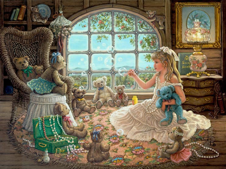 Bright Visions, a painting of a beautiful blond little girl playing dress up and blowing bubbles for her teddy bears in the attic filled with an antique lamp and dresser, wicker chair and open jewelry box, one of Janet Kruskamp's Paintings in her Figure and Genre Gallery - original oil paintngs by Janet Kruskamp