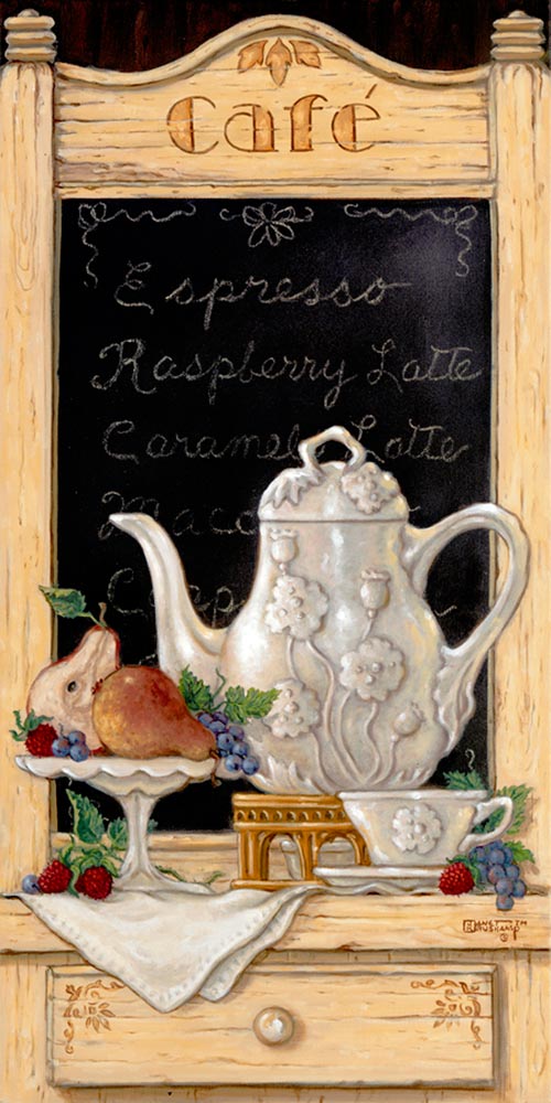 Coffee n’ Fruit II, Janet’s second smaller oil painting showing an antique detailed coffee pitcher, single cup and saucer on display with fresh fruit. The café drink menu shows in the back ground. Notice all the details of the menu frame and wood table in this , hand signed, original painting.