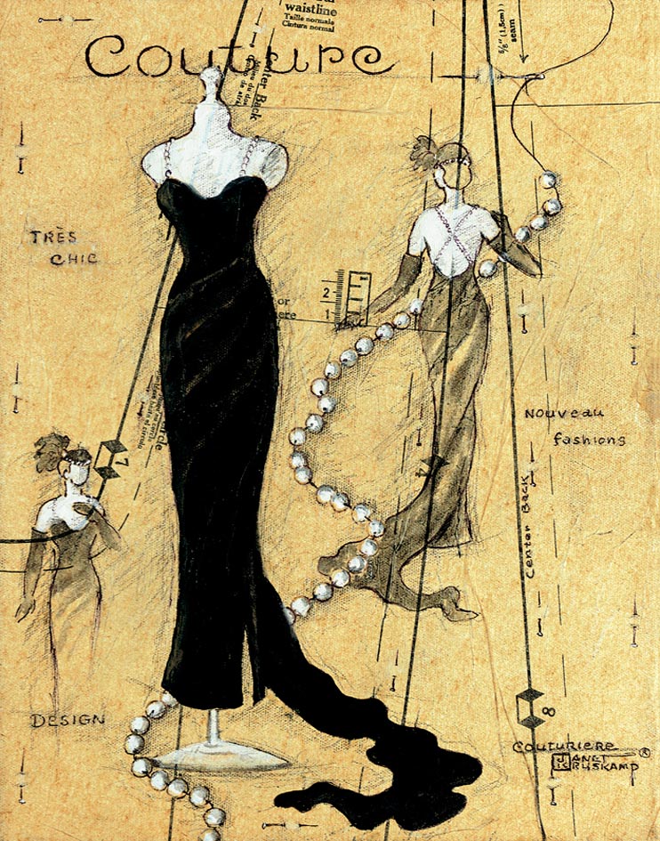 Couture I, original oil painting by artist Janet Kruskamp, also offered as a hand signed print on paper. This painting shows three different views of a chic black evening gown trailing to the ground. A stylized dress pattern forms the background with a strand of pearls tying it all together weaving behind the dress form and models draped with the evening gown.  