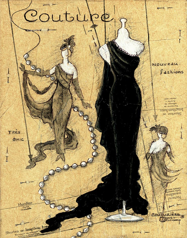 Couture II, original oil painting by artist Janet Kruskamp, also offered as a hand signed print on paper. This painting shows three different views of a chic black evening gown with one bare shoulder, trailing to the ground. A drawn dress pattern forms the background with a strand of pearls tying it all together weaving behind the dress form and models draped with the evening gown. 