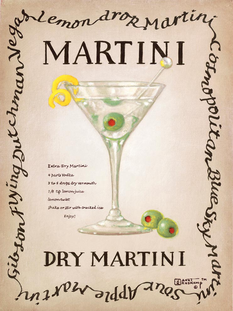 Dry Martini, an original painting  by artist Janet Kruskamp showing a clear single stem martini glass with a green olive, stirrer and lemon twist. The recipe for a dry martini is next to the glass.