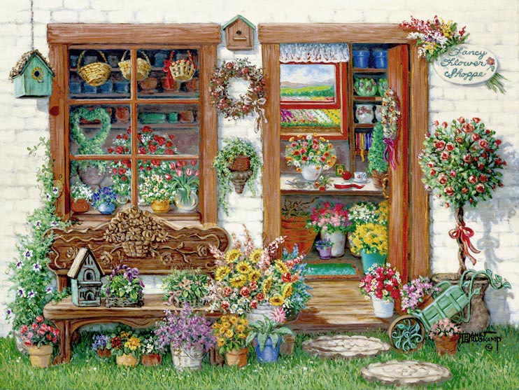 Janet Kruskamp's Paintings - Fancy Flower Shoppe, a painting of the outside of the Fancy Flower Shoppe, with a glimpse in the open front door and through the front window. The shoppe is full of flowers and some bird houses, potted and freshly cut flowers are everywhere, including under and on the bench under the front window outside. A look through the front door leads past the arranging bench out the back window to rows of flowers growing in the sun. One of the Gardens and Florals Gallery of Original Oil Paintings and  original paintings by Janet Kruskamp