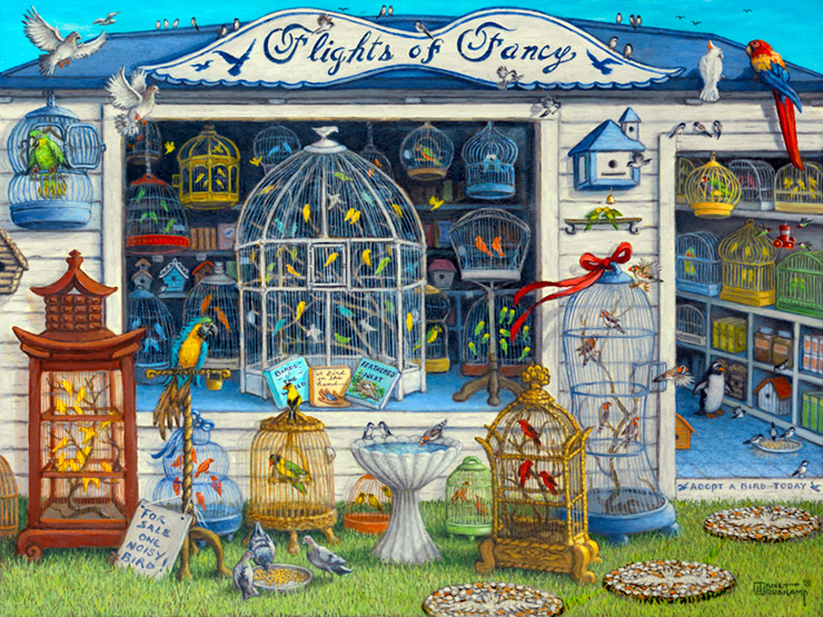 Flights of Fancy, an original oil painting by artist Janet Kruskamp shows an incredibly packed bird store with every type of bird available, even a penguin waddling along the floor. Birds sit outside in cages intermingled with wild birds eating and drinking from a birdbath. a big blue and yellow parrot sits on a stand with a hand written sign under saying For Sale One Noisy Bird! Birds in cages are everywhere, the shelves inside the shop are packed, the display window holds a large cage with yellow, blue, green, white and orange little birds whele a bright red, yellow and blue parrot sits on the roof above the door next to a white cockatiel. Count the number of birds, I dare you! Another beautiful painting of an exterior scene available directy from the artist Janet Kruskamp at studio prices.