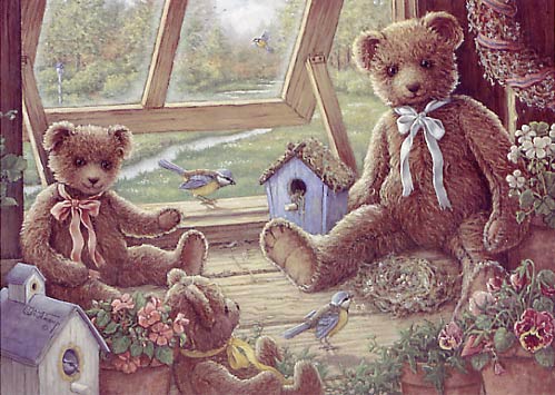 Garden House Tenants, a painting of three teddy bears next to the opened garden house window, surrounded by flowers, bird houses and bird's nests, one of the Janet Kruskamp Teddy Bear Gallery of  original paintings by Janet Kruskamp