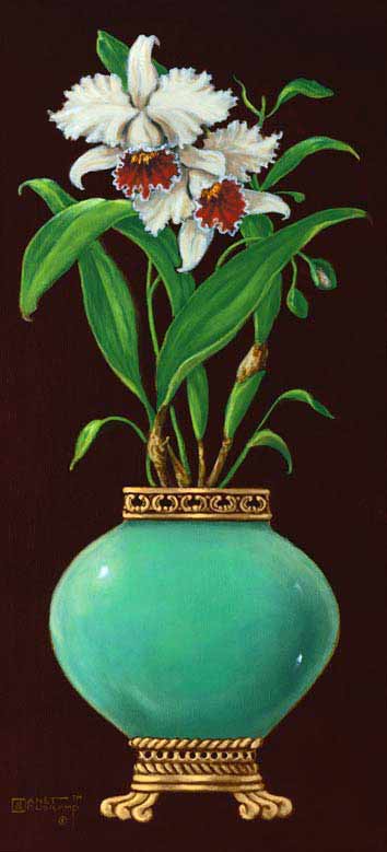 Ginger Jar with Orchids I, an original oil painting by artist Janet Kruskamp. A bulbous jade colored jar sitting on a banded bottom with claw feet, holds a pair of large orchids and it's large leaves. A classical border frames a rich brown background. This original painting will be , personally enhanced, then by Janet Kruskamp, the artist.