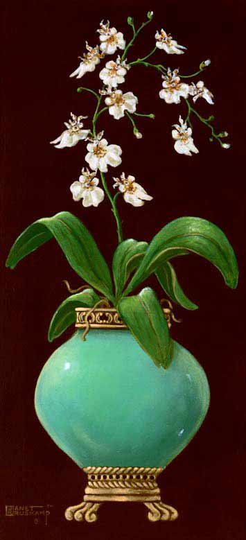 Ginger Jar with Orchids II, an original oil painting by artist Janet Kruskamp. A rounded jade colored jar sitting on a banded bottom with claw feet, holds a dozen smail orchids and their leaves. A classical border frames a rich brown background. This original painting will be , personally enhanced, then by Janet Kruskamp, the artist.