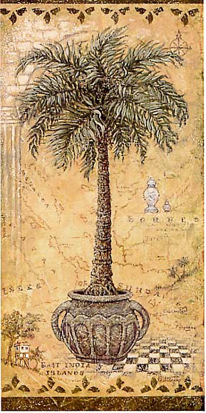 Global Palm 2, a painting of a potted palm tree on a hand painted map, one of Janet Kruskamp's Original Gouache and Rice Paper, ,  by artist Janet Kruskamp