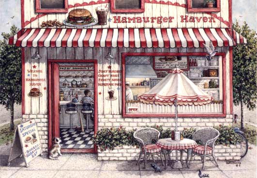 Hamburger Haven, a painting of an old-fashioned hamburger shop with a table on the sidewalk out front and a dog waiting patiently at the door while pigeons hunt for crumbs under the table outside. One of Janet Kruskamp's Paintings in her Americana Gallery of original oil paintngs by Janet Kruskamp.