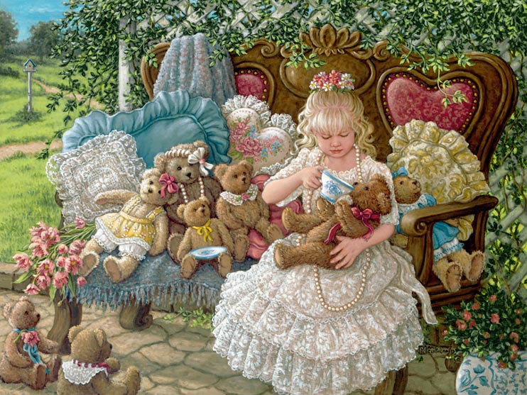 Hollys Bears, a painting of a young girl having a tea party with her teddy bears in the garden sitting on a wooden bench on pretty pillows, surrounded by her bears. One of Janet Kruskamp's Paintings - Figure and Genre Gallery - Original Oils and  original paintings, by Janet Kruskamp
