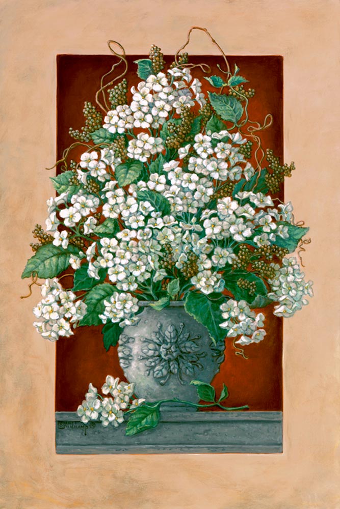 Janet Kruskamp's Paintings - Hydrangeas En Rouge, an original oil painting showing a lovely vase of cut hydrangea blossoms coming through in front of the frame in the painting. A deep rich red wall is contrasted by the white petals and light grey round classical vase on a gray shelf. A lone hydrangea blossom lays next to the vase on the shelf. One of the Still Life Gallery of Original Oil Paintings and  original paintings by Janet Kruskamp