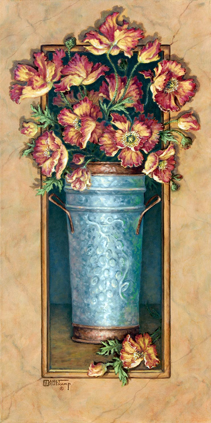 Janet Kruskamp's Paintings - Icelandic Poppies 1, a painting of reddish-orange poppies in a hammered metal vase. The vase is framed by a narrow, rectangular cutout with the poppies spilling out in front of the frame at the top. One of the Gardens and Florals Gallery of Original Oil Paintings and  original paintings by Janet Kruskamp