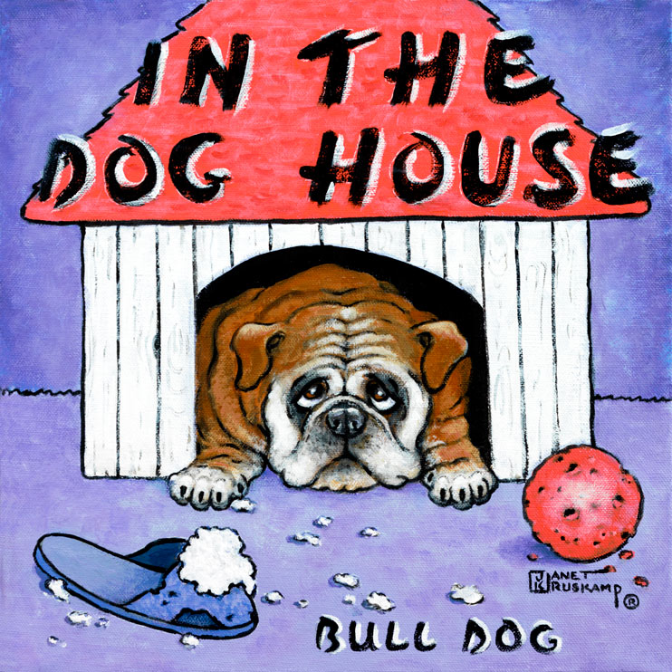 In the Dog House, a painting by artist Janet Kruskamp, features a bulldog laying inside his red-roofed dog house with a chewn up blue slipper and red ball in front on the ground. A light blue background contrasts with the white slats of the dog house. The brown bulldog is looking up with sad eyes, knowing he is being punished for his chewing. Another original painting available directly from the artist Janet Kruskamp.