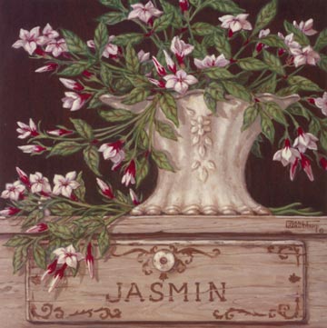 Paquet de Jasmine. Soft delicate Jasmine, fill the canvas in the  oil painting. Light pinks, burgundies, and greens brighten up the dark background. The antique vase is detailed with an engraved border and small daisies centered in the porcelain. A hand crafted herb box made just for jasmine consumes the lower portion of Janet’s personally enhanced giclee.