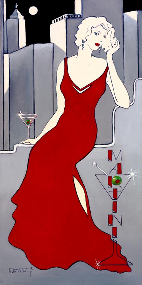 La Dame en Rouge, a giclee , personally enhanced and by the artist Janet Kruskamp showing an illustration of a chic woman dressed in a red evening gown against a stylized city skyline. The woman is sitting next to a martini glass. A large martini glass sign on her left spells out "Martini".