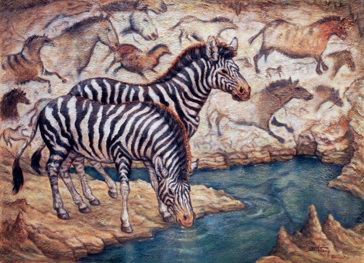 Lascaux Cave Revisited, an original oil and mixed media on canvas by artist Janet Kruskamp. A pair of zebras stand at the edge of a cave pool, the rock wall behind them echo the fluid equine form in cave paintings replicated from the Lascaux Cave in southwest France. Stalagmites on the edges of the crystal blue pool stick up from the rock ground as one zebra stands guard while the other drinks. The horse paintings are the foremost example of neolithic equine art, reflecting an intimate knowledge of the natural world by early humans over one hundred and seventy centuries ago.
