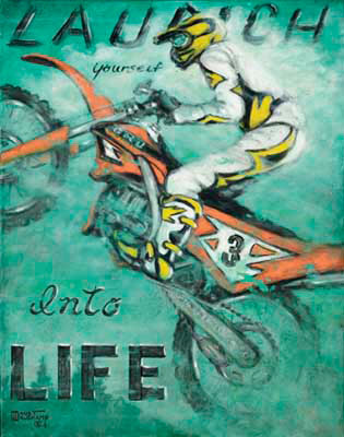 Launch Yourself Into Life is another poster from painter Janet Kruskamp featuring a dirt bike with rider. This rider, dressed in white leathers with yellow and black trim and matching helmet and boots, is airborn with the back wheel spinning and the front wheel high off the ground. The text LAUNCH Yourself Into LIFE is written behind the bike and rider on the light green mottled background. The orange bike carries the stylized number plate on the side with the number 3. The rider is braced like a jockey, standing on the pegs, leaning forward in classic position for a jump. This original oil painting by artist Janet Kruskamp is available as an original oil or acrylic on canvas painting by the artist.