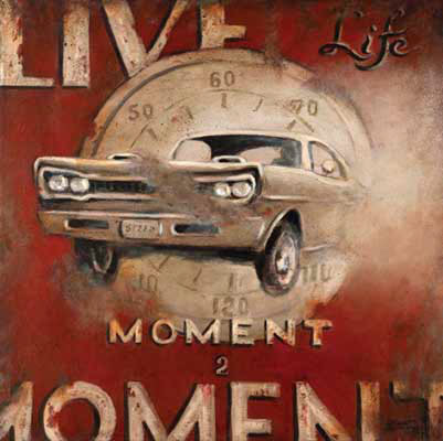 Live life, a dramatic new poster from artist Janet Kruskamp features a muscle car from the sixties bursting through the background of a dial speedometer. The weathered look, with parts of the poster looking like they were worn off or rusted gives a marvelous dimension to this exciting poster. The text Live Life Moment 2 Moment frames the car on a dark red background. Any grease monkey who has spent time under a hood or under a car will appreciate the impact of this poster. Order an original painting of this poster today.