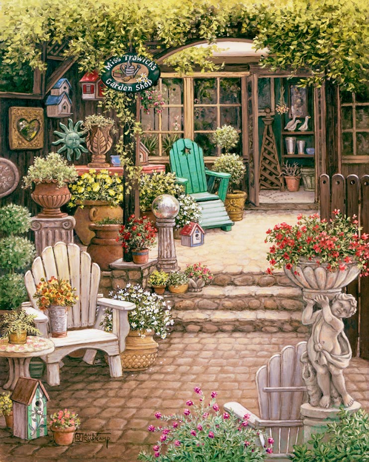 Janet Kruskamp's Paintings - Miss Trawick's Garden Shop, a painting of a courtyard leading towards an open door, a courtyard filled with all sizes and shapes of flower planters and flowers, statuary, a gazing ball and wooden patio furniture are also in the courtyard framed by trees and flowers. One of the Gardens and Florals Gallery of Original Oil Paintings and  original paintings by Janet Kruskamp