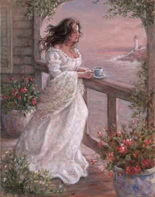 Janet Kruskamp's Morning Breeze, an original oil painting available as an original painting in various sizes, personally by the artist. A beautiful woman, her dark hair moving in the coastal breeze, stands at the railing overlooking a lighthouse and the coastline, having her morning coffee. The muted colors of sunrise suffuse the scene with a warm light. Large flowerpots have perfect roses in bloom on either side of the woman. The arch over the handrail is framed in climbing green plants, and more small white flowers balance out the frame. Order your original painting of this charming scene by Janet Kruskamp today