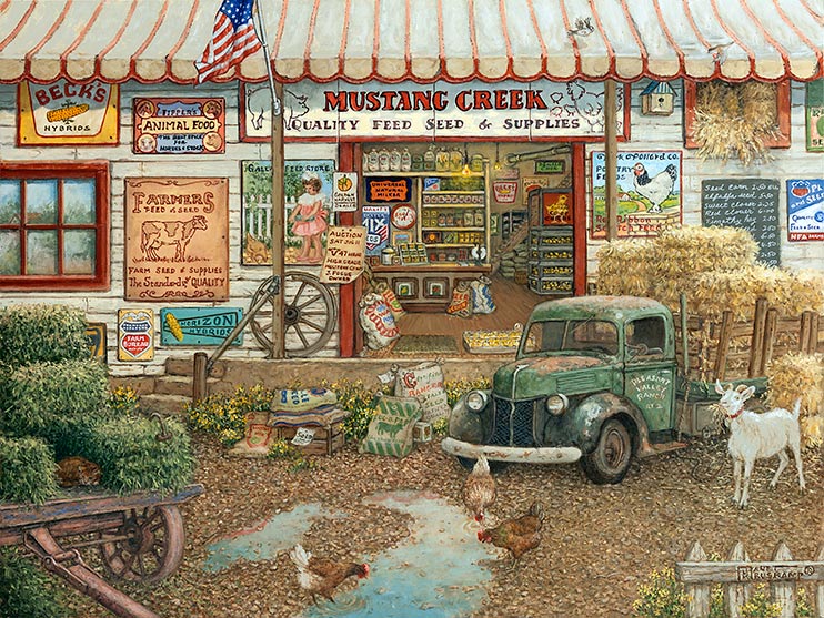 The Mustang Creek Feed Store, selling feed and seed to the local farmers and ranchers, is open for business. Outside in front an old wagon holds green hay with a cat sleeping between the bales. An old green stake bed truck sits loaded with dry hay, ready for delivery next to a white goat while chickens drink from the rain puddles in front of the truck. The outside of the store is covered in signs advertising feed and seed. Through the wide front door shelves of feed and a stack of trays of baby chicks stand ready to serve the customers