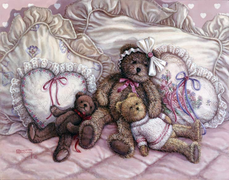 Nap TIme, a painting of three teddy bears reclining on the pillows of a bed, one of the Janet Kruskamp Teddy Bear Gallery of  original paintings by Janet Kruskamp