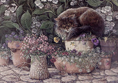 Pansy sleeping in the Sun, a painting by Janet Kruskamp of a fluffy brown cat sleeping among the potted flowers on top of the potted pansies, part of the Cat Paintings Gallery of Original Oils and  original paintings, by Janet Kruskamp.