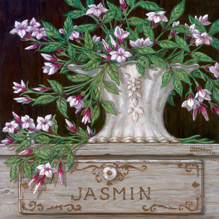 Paquet de Jasmine. Soft delicate Jasmine, fill the canvas in the  oil painting. Light pinks, burgundies, and greens brighten up the dark background. The antique vase is detailed with an engraved border and small daisies centered in the porcelain. A hand crafted herb box made just for jasmine consumes the lower portion of Janet’s original painting.