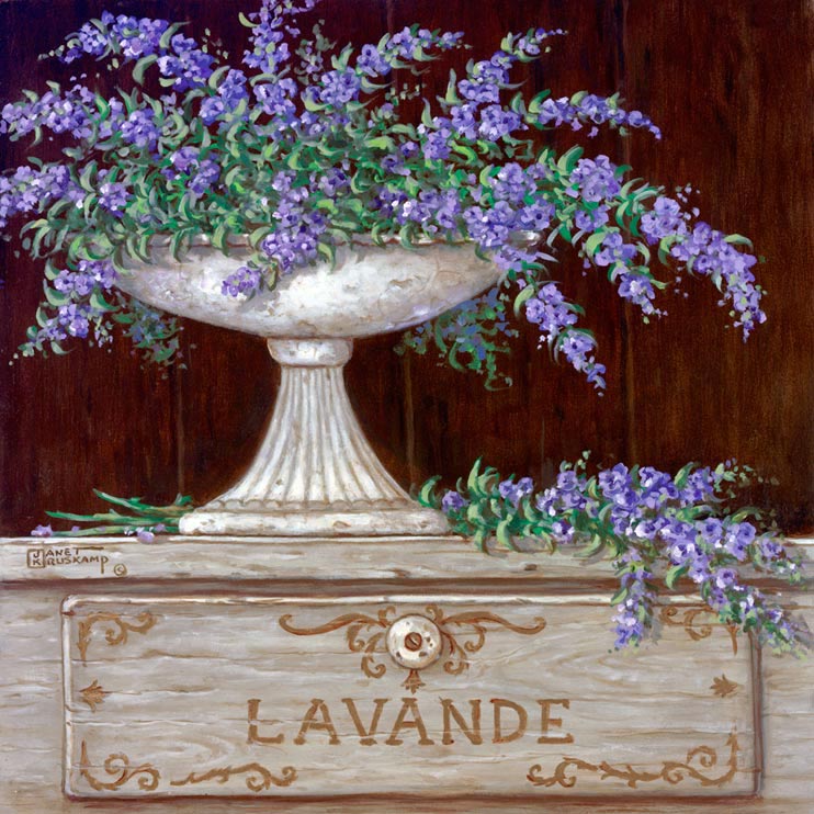 Paquet de Lavande. You can almost smell the sweet lavender displayed in this giclee. The soft purple lavender is over flowing in an antique vase, resting on a beautiful hand crafted, wooden storage box. One of Janet Kruskamp’s wonderful  giclees  by the artist herself.