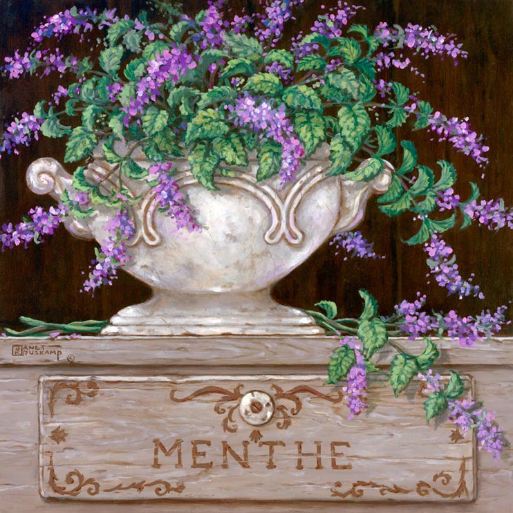 Paquet de Menthe - Janet used bright purples and greens in Paquet de Menthe. Another antique vase is filled with menthe that overflows onto the engraved menthe box. Such detail in all four herb still lifes and the vast contrast in colors makes each one different and beautiful. Individually they are gorgeous, displayed together they are magical.  