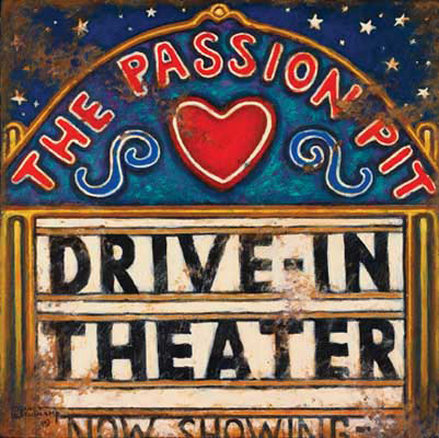 The Passion Pit, another name for the drive-in movie, is the title of this poster from Janet Kruskamp, one of her series of vintage movie posters. This whimsical version of the drive-in marquee features a starry sky, perfect night for a drive-in movie. The sign curves the red text THE PASSION PIT across the top and over the big red heart. Directly under is the black block text DRIVE-IN THEATER, followed underneath with smaller letters reading NOW SHOWING. Drive-in theaters, often used as a passion pit, were once the only place to go to be alone with your date. Drive-in theater management often abetted this behavior by running movies of laughable quality, knowing full well that no one came to actually see the movie. With a multitude of other entertainment choices now, the weathered look of this poster sadly reflects the decaying state of most of the remaining drive-in theaters. 