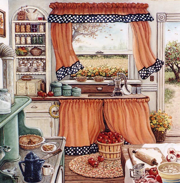 Pie Baking Day, an original oil painting by the artist Janet Kruskamp showing a kitchen scene with orange curtains trimmed with black and white checkers framing a half open window looking out to the fields. A tree stands outside the open kitchen door. All the necessary ingredients and utensils for baking apple pies are in use in this small kitchen. Apples are being peeled and cored on the table on the right. A flour crust is being rolled out after sifting with a wooden rolling pin. Two pies cool in the window sill above the sink, another sits on the pale green stove with a slice served up on a white plate accompanied by a cup of coffee from the blue enamel coffee pot. Shelves on the far wall hold preserved food and the family dishware. One of the Garden and Florals Gallery by Janet Kruskamp.
