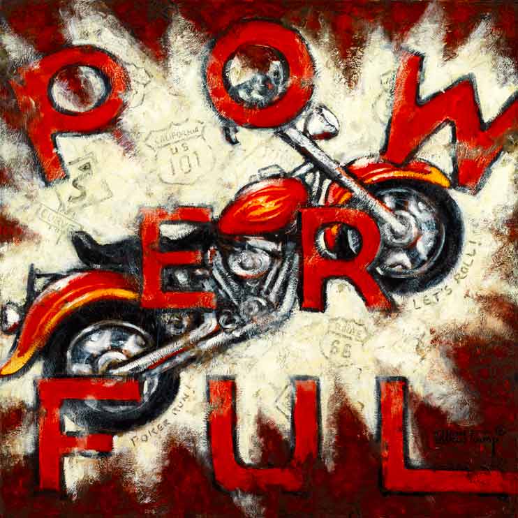 Pow-er-ful, a poster painted by artist Janet Kruskamp. A vintage motorcycle, red with gold flames, streaks upwards to the right in front of a bright white starburst in a red background. The words POW ER FUL float on top of the poster in large red letters. Highway signs from all over the States are faintly visible in the white starburst. This weathered looking poster is available directly from Janet Kruskamp, the artist. Order your own original painting today.
