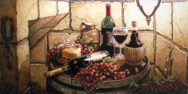 Private Reserve, an original oil painting representing the artist's wine cellar. An opened green glass wine bottle sitting on an old barral is flanked by a pitcher, cheese under glass, wine grapes, a wine glass of red wine and a wicker covered chianti bottle. A metal corkscrew leans against the rough stone walls and a key hangs under a thermometer on the other sides. An unopened bottle of champagne lies on it's side on top of the barrel, fronted by more wine grapes. Available as an original oil on canvas directly from the artist, Janet Kruskamp. 