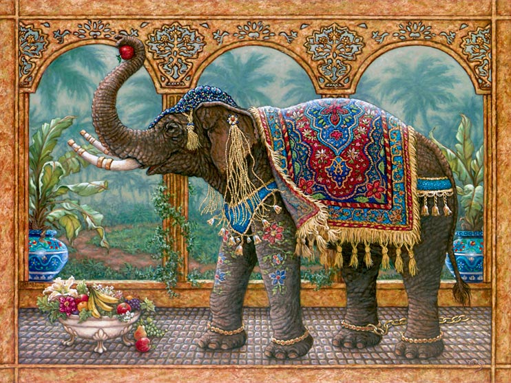 Rajah's Feast, an oil painting of a royal elephant who has broken his golden chain to feast on the fruits and flowers in front of a verdant landscape topped by palm trees. His tusks are banded in gold, tassels and bells hang over bright drawings of flowers going down the elephant's front legs., one of Janet Kruskamp's Original Oil Paintings by artist Janet Kruskamp