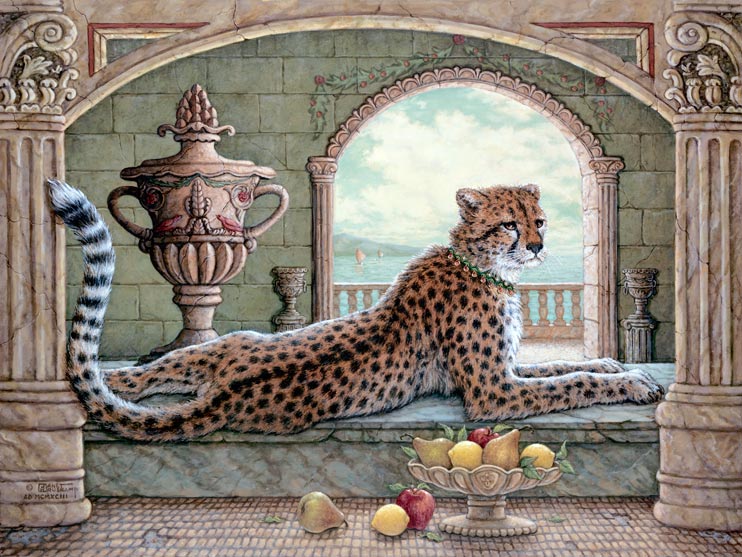 Royal Cheetah, an oil painting depicting a collared cheetah stretched out languidly on a marble floor with a bowl of fruit in front, one of Janet Kruskamp's original paintings,  by artist Janet Kruskamp