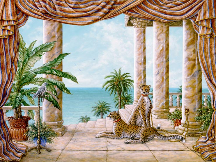 Royal Hunters, a painting of two cheetahs tied to a column at shoreline palace, one of Janet Kruskamp's Original Oil Paintings, ,  by artist Janet Kruskamp