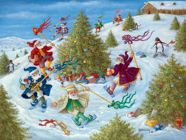 Santa's Elves Celebrate, a new holiday painting from Janet Kruskamp. Santa's Elves race around a Christmas tree in this holiday painting. Each elf, dressed in different colors with matching coat, shoes and hats, and the elves also carry a pole topped by a colorful decoration in a color that matches their dress, with ribbons streaming back as the elves race by on short pale blue skiis. Their snowy course through a hillside of Christmas trees is marked by skiing penguins holding little orange banners. Wrapped and unwrapped presents are scattered about, mostly under the Christmas trees. A large building sits at the top of the hill. A whimsical holiday painting for 2007 for sale as an original painting by artist Janet Kruskamp. 