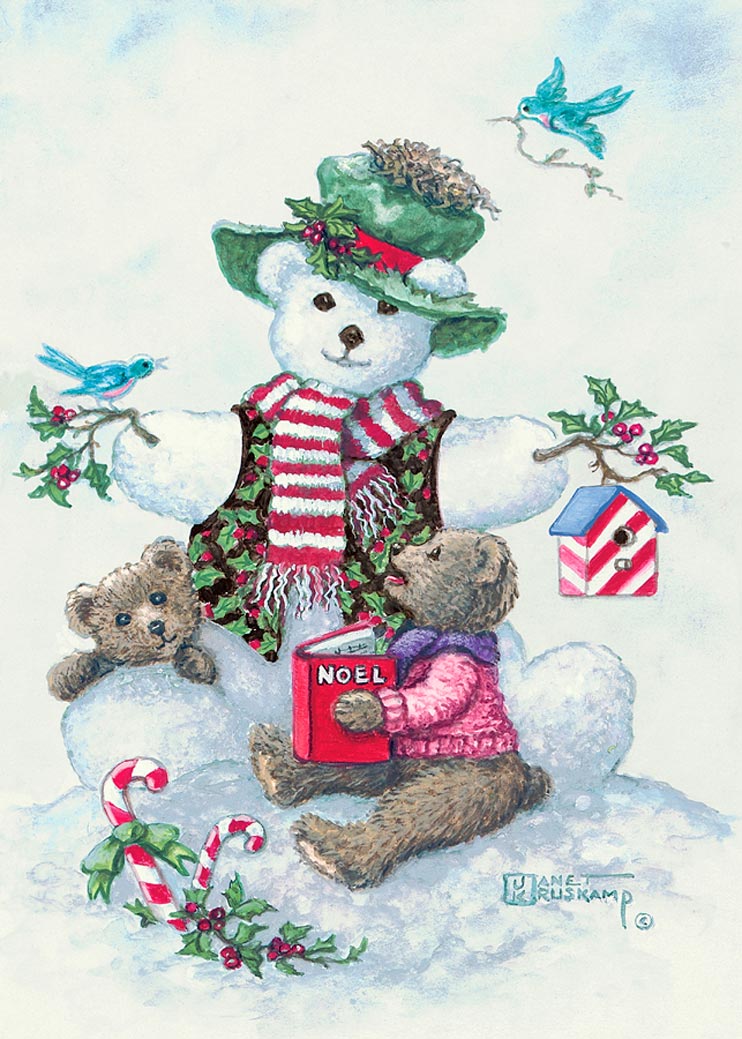 Special Delivery, a new holiday painting from Janet Kruskamp. It's a good thing teddy bears have nice fuzzy coats, this bear is sitting in an overstuffed mailbox outside in the snow. Barely seated at the front of the open mailbox, wrapped presents and brightly colored envelopes, the brown bear is tied with a bright red ribbon to a present wrapped in green patterned wrapping paper The icy road under the mailbox curves its way up toward the house in the distance. Framed by snow covered tree branches, this painting shows the wooded horizon with pastel colored bands of clouds in the sunset.