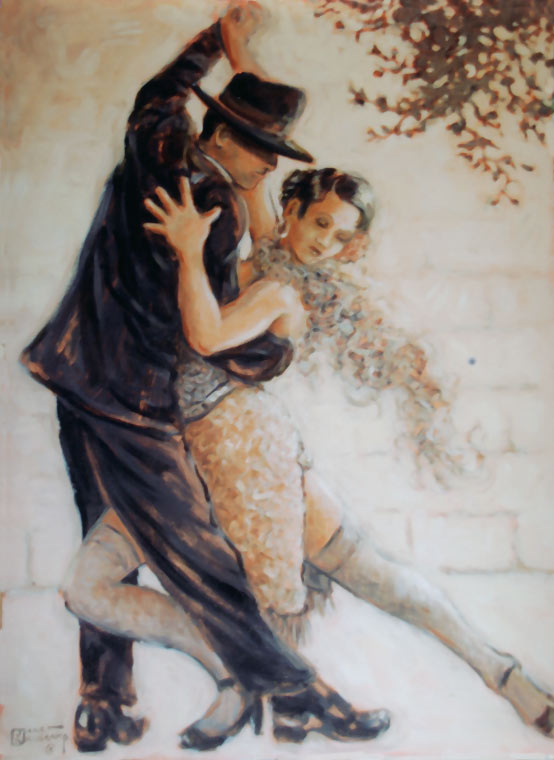 Tango Passion from painter Janet Kruskamp. Own your own original painting of this beautiful original oil painting by artist Janet Kruskamp. The tango dancers curve together, back arms held high, the woman's back leg bent at the knee and front leg extended hehind, lowering her down to where the top of her head comes to his shoulder. The dancers perform in front of a light colored block wall, with the end of a tree branch in the upper right corner. One of the Figures and Genre gallery of paintings by artist Janet Kruskamp.