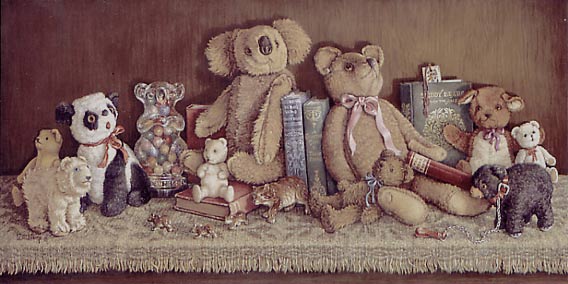 Teddy Bear Collection, a painting of a shelf full of different teddy bears and other bear figures, one of the Janet Kruskamp Teddy Bear Gallery of  original paintings by Janet Kruskamp