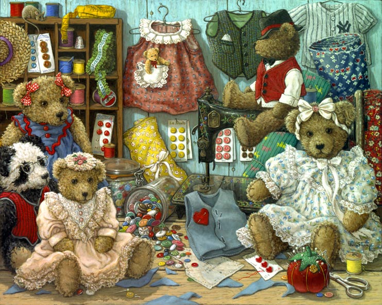 Teddy Bear Wear, a painting of teddy bears and various teddy apparel in stages from pattern cutting to assembly, one of the Janet Kruskamp Teddy Bear Gallery of  original paintings by Janet Kruskamp