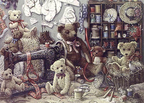 Teddy Bear Workshop, a painting of several teddy bears surrounding an antique sewing machine, threads and patterns, one of the Janet Kruskamp Teddy Bear Gallery of original oils, by Janet Kruskamp